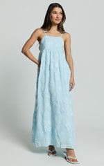 Claya Maxi Dress - Sleeveless Straight Neckline Floral Detail Dress in Pale Blue