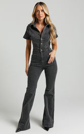 Silvena Jumpsuit - Short Sleeve Flared Denim Jumpsuit in Black Wash