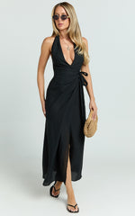 Robbie Midi Dress - Plunge Halter Midi Wrap Dress in Black