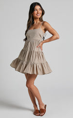 Lorelle Mini Dress - Straight Neck Tiered Dress in Brown Check Gingham