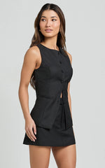 Desi Top - Longline Crew Neck Vest Top in Black