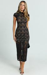 Emma Midi Dress - Lace Cap Sleeve Bodycon Dress in Black