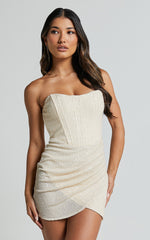 Akhira Mini Dress - Corset Detail Strapless Sequin Dress in Off White