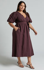 Amalie The Label - Franc Linen Puff Sleeve Wrap Midi Linen Dress in Dark Plum