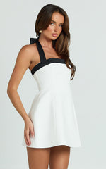 Broome Mini Dress - Contrast Halter Tie Tulip Skirt Dress in White/Black