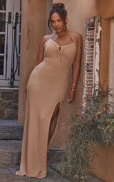 Venus Maxi Dress - Crochet Knit Halter Bodycon Dress in Beige