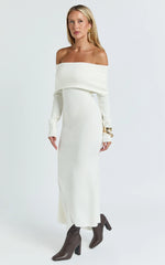 Karina Midi Dress - Long Sleeve Folded Off Shoulder Asymmetric Dress in Cream