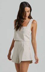 Salvador Two Piece Set - Linen Sleeveless Crop Top and High Waisted Tailored Shorts in Oatmeal