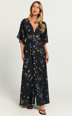 Inka Midi Dress - Short Sleeve Button Down Dress in Black Flower Field