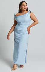Cincinnati Midi Dress - Off The Shoulder Side Split Column Linen Dress in Pale Blue