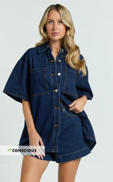 Rhianna Top - Oversized Recycled Denim Hardware Detail Short Sleeve Shirt in Indigo Wash