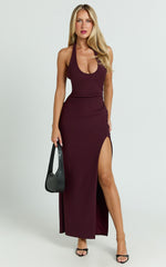 Ruby Maxi Dress - Halter Scoop Neck Low Back Bodycon Dress in Wine