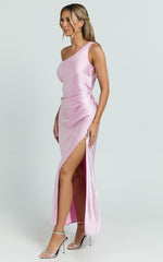 Isla Maxi Dress - Satin One Shoulder Side Split Dress in Pink