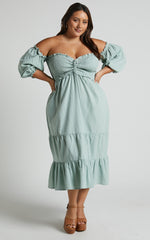 Nikka Midi Linen Dress - Shirred Off Shoulder Puff Sleeve Dress in Sage