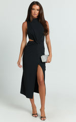 Millie Midi Dress - Front Twist Cut Out Thigh Split Dress in Black