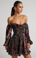Jessell Mini Dress - Long Sleeve Cowl Corset Dress in Black Floral