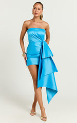 Jayce Mini Dress - Strapless Drape Dress in Blue