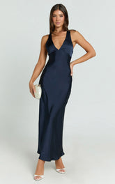 Khalani Midi Dress - Deep V Neck Satin Slip Dress in Navy