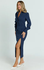 Ophelia Midi Dress - Collared Pinstripe Long Sleeve Fitted Dress in Navy