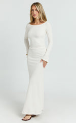 Ayla Maxi Dress - Off Shoulder Flared Sleeve Bodycon Dress in Off White