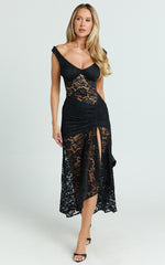 Tatum Midi Dress - Lace Off Shoulder Side Split Dress in Black