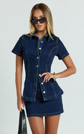 Paige Mini Skirt - High Waisted Denim Skirt in Dark Blue Wash