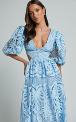 Anieshaya Midi Dress - V Neck Cut Out Lace Dress in Soft Blue
