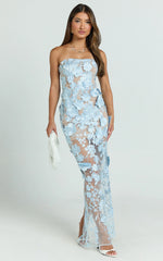 Sienna Maxi Dress - 3D Floral Strapless Column Dress in Blue