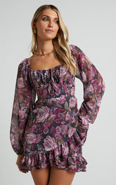 Grizela Mini Dress - Gathered Bust Long Sleeve Dress in Harvest Floral