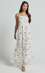 Candice Midi Dress - Straight Neck Floral Embroidery Detail Shift Dress in White