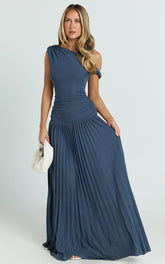 Yvonne Maxi Dress - Pleat Skirt Tip Shoulder Ruched Dress in Navy