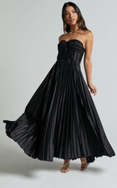 Heidi Midi Dress - Strapless Twist Bust Detail Pleated Midi Dress in Black