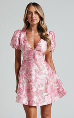 Lettie Mini Dress - Puff Sleeve Circle Hem Dress in Blurred Rose