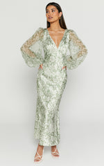 Freollyn Midi Dress - Deep V Neck Long Sleeve Dress in Sage