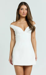 Irene Mini Dress - Off Shoulder Bustier Tulip Skirt Dress in White