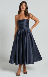 Helaina Midi Dress - Line Satin Dress in Navy