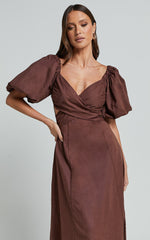 Amalie The Label - Janae Linen Blend Puff Sleeve Cut Out Midi Dress in Chocolate