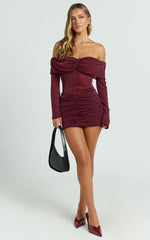Rumi Mini Dress - Glitter Tulle Off Shoulder Ruched Dress in Wine
