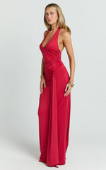 Dixie Maxi Dress - Plunge Halter Low Back Dress in Cherry