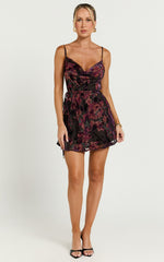 Mariana Mini Dress - Cowl Neck Drawstring Waist Slip Dress in Burn Out Floral