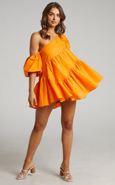 Harleen Mini Dress - Linen Asymmetrical Trim Puff Sleeve Dress in Orange