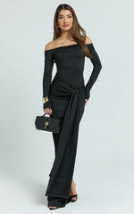Judith Maxi Dress - Boat Neck Backless Tie Front Long Sleeve Jersey Dress in Black