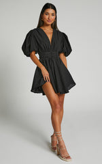 Xandy Mini Dress - Textured Puff Sleeve Plunge Dress in Black