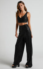 Abela Two Piece Set - Crop Top and Wide Leg Pants Set in Black Sequin