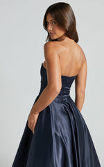 Helaina Midi Dress - Strapless A-Line Satin Dress in Navy