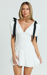 Venus Mini Dress - Contrast Tie Shoulder Short Sleeve Bias Cut Dress in Off White