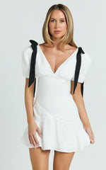 Venus Mini Dress - Contrast Tie Shoulder Short Sleeve Bias Cut Dress in Off White