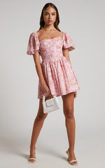 Phorchia Mini Dress - Fit and Flare Puff Sleeve Corset Dress in Fleur Print