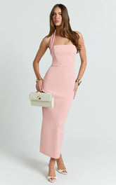 Salome Midi Dress - Halter Neck Column Dress in Pink