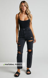 Billie Jeans - High Waisted Cotton Distressed Mom Denim Jeans in Black Wash